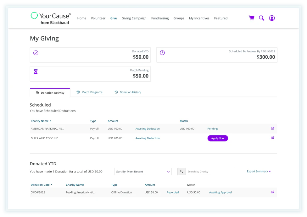 screenshot of YourCause CSRconnect